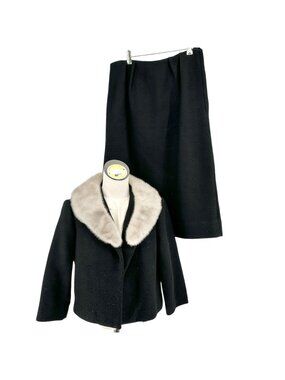 Vtg Handmade Womens Wool Suit Faux Fur Collar Jacket Shell Top Skirt Black Beige